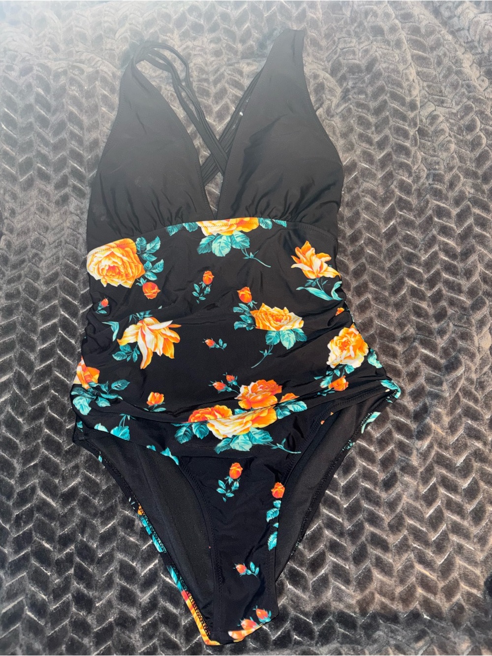 Otherwild Black One-Piece Swimsuit with Orange Floral Print